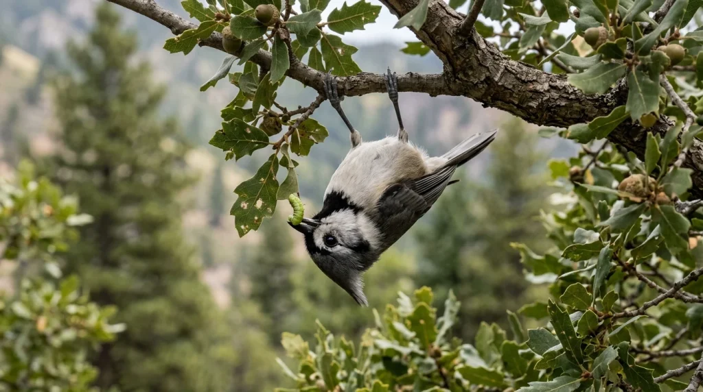 Bridled Titmouse hanging beneath an oak twig while taking a caterpillar.