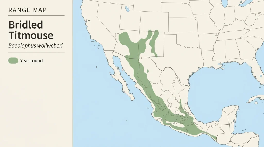 Map showing the year-round range of the Bridled Titmouse in the southwestern United States and Mexico.