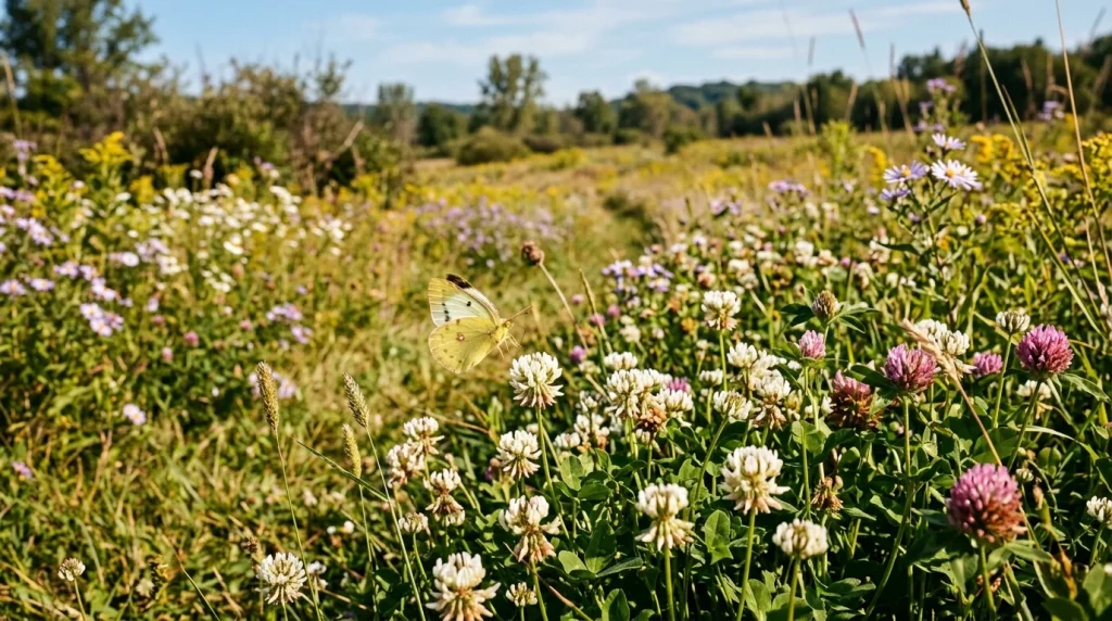 Sunny clover-rich meadow habitat with a Clouded Sulphur flying above the vegetation.