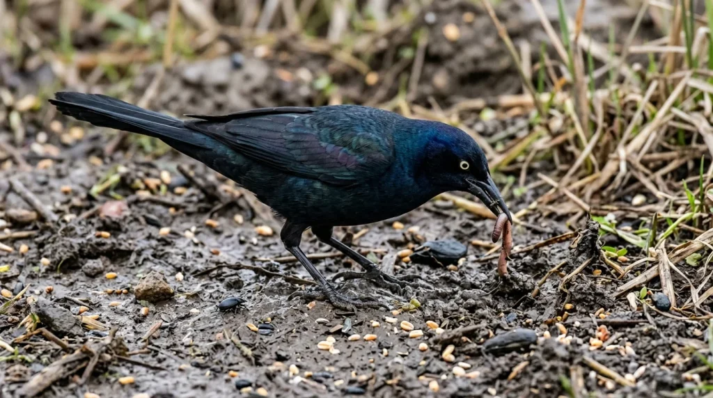 Common Grackle feeding on an earthworm at the edge of a field.
