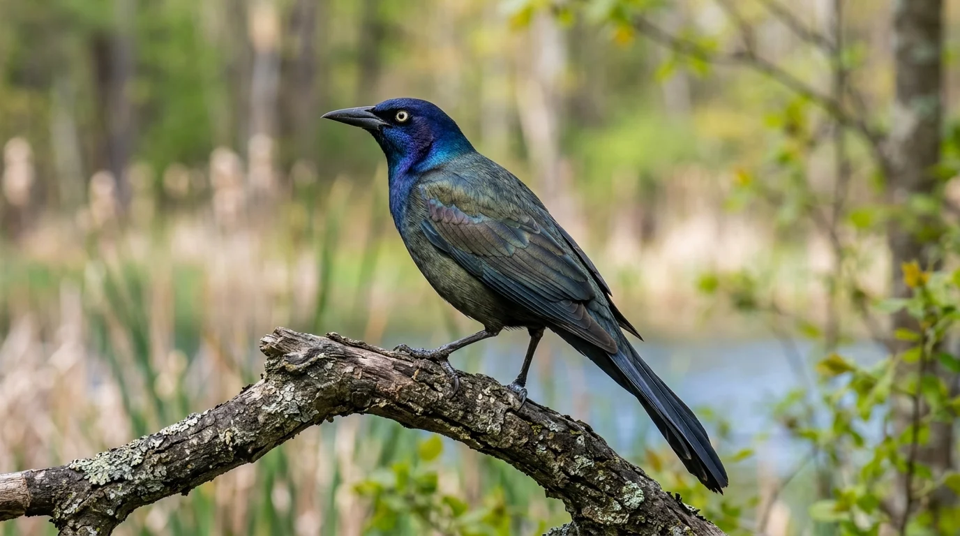 Adult male Common Grackle showing a pale eye and iridescent plumage on a branch.