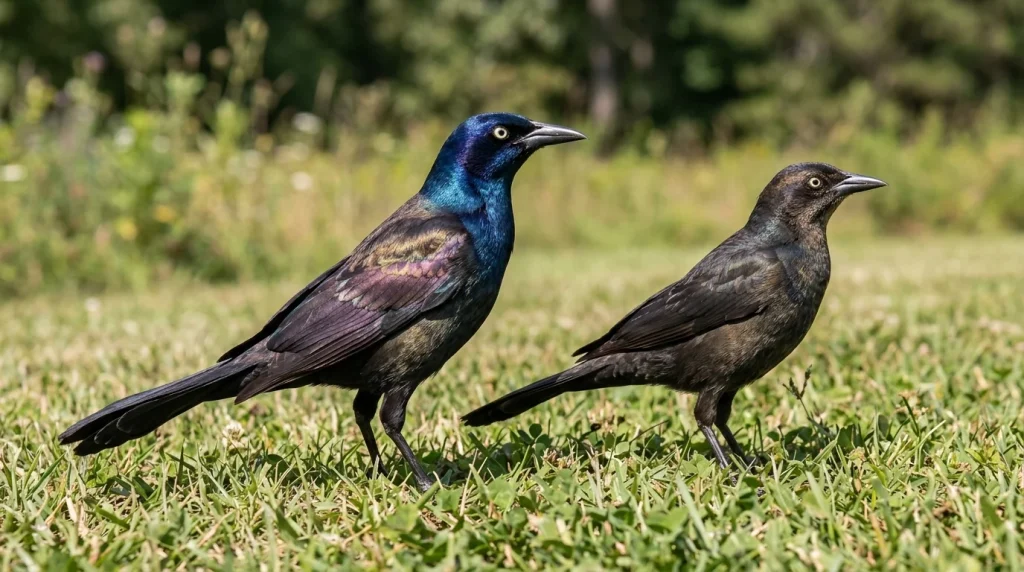 Male and female Common Grackles compared side by side, with the male larger and glossier.
