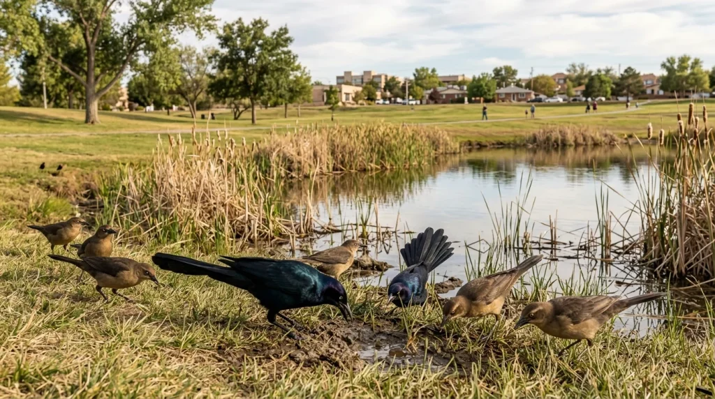 Great-tailed Grackles foraging beside a shallow pond in an open urban park.