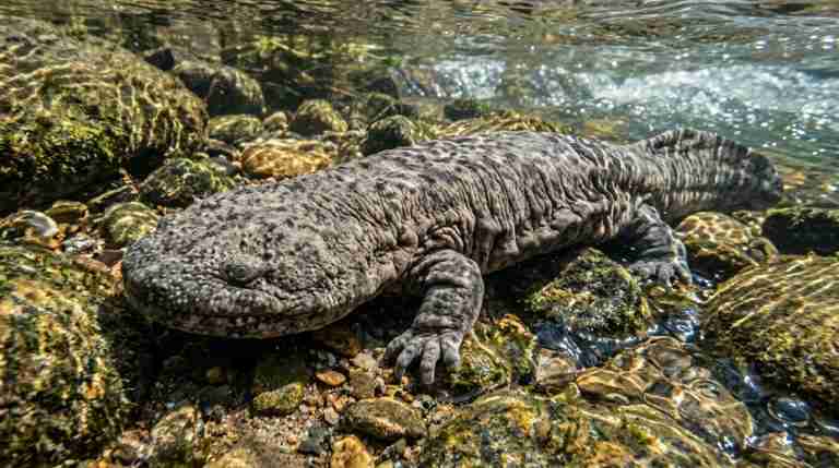 Adult hellbender salamander showing characteristic wrinkled skin and flattened body on rocky stream bottom