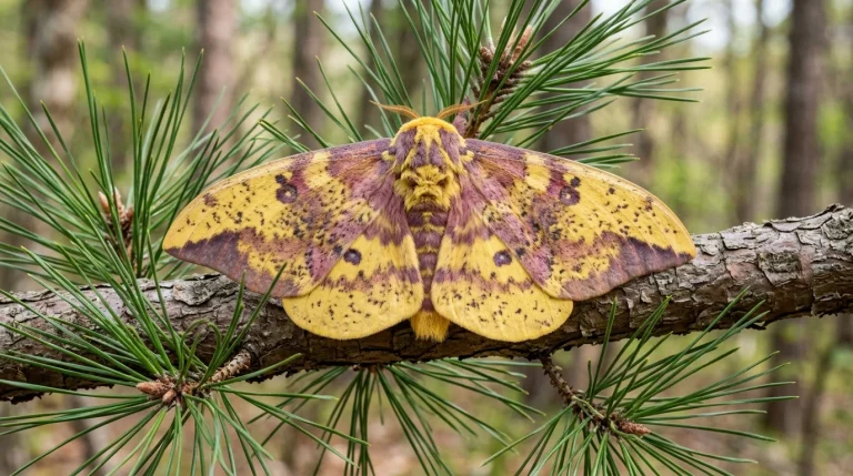 Adult Imperial Moth displaying broad yellow wings with irregular purple-brown markings on a pine branch.