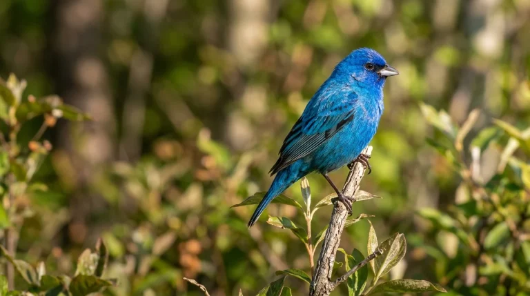 Adult male Indigo Bunting perched on a shrub at a sunny woodland edge.