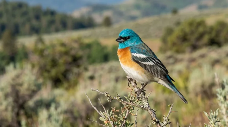 Adult male Lazuli Bunting perched on a shrub in western foothill habitat.