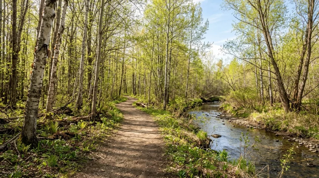 Sunlit deciduous woodland edge with willow and birch trees along a stream, classic habitat for the Mourning Cloak.