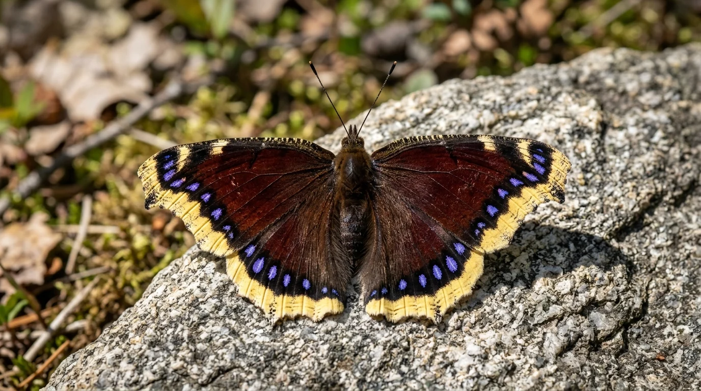 Mourning Cloak butterfly resting on a rock with wings open, showing deep maroon wings, blue spots, and yellow borders.