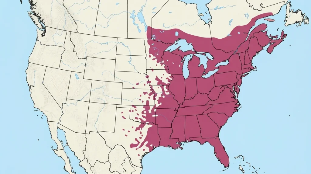Map showing the rosy maple moth’s range across eastern North America.