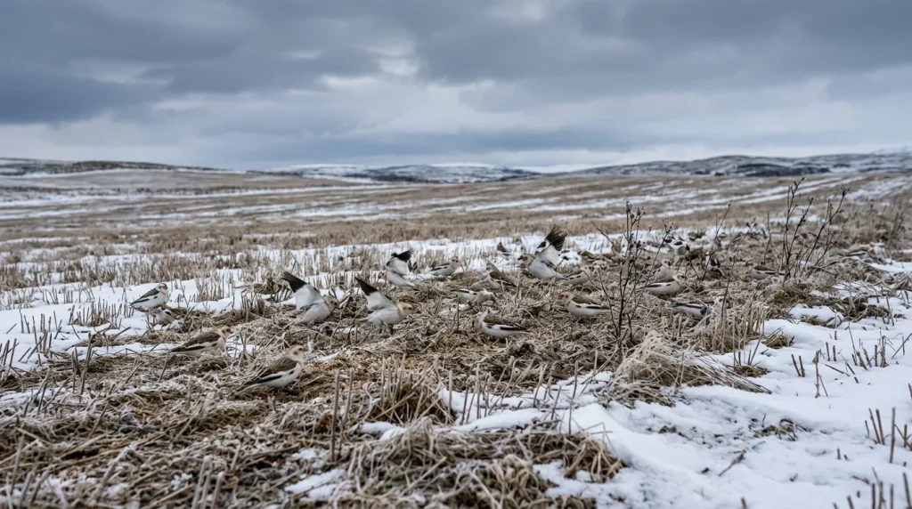 Snow Buntings feeding in an open, windswept winter field.