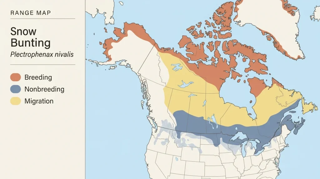 North American map showing Snow Bunting breeding, migration, and winter ranges.