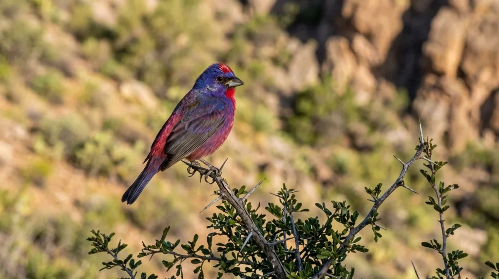 Male Varied Bunting displaying violet, plum, and crimson plumage on a thorny shrub.