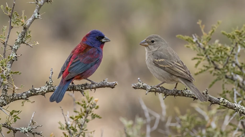 Male and female Varied Buntings showing their contrasting plumage.