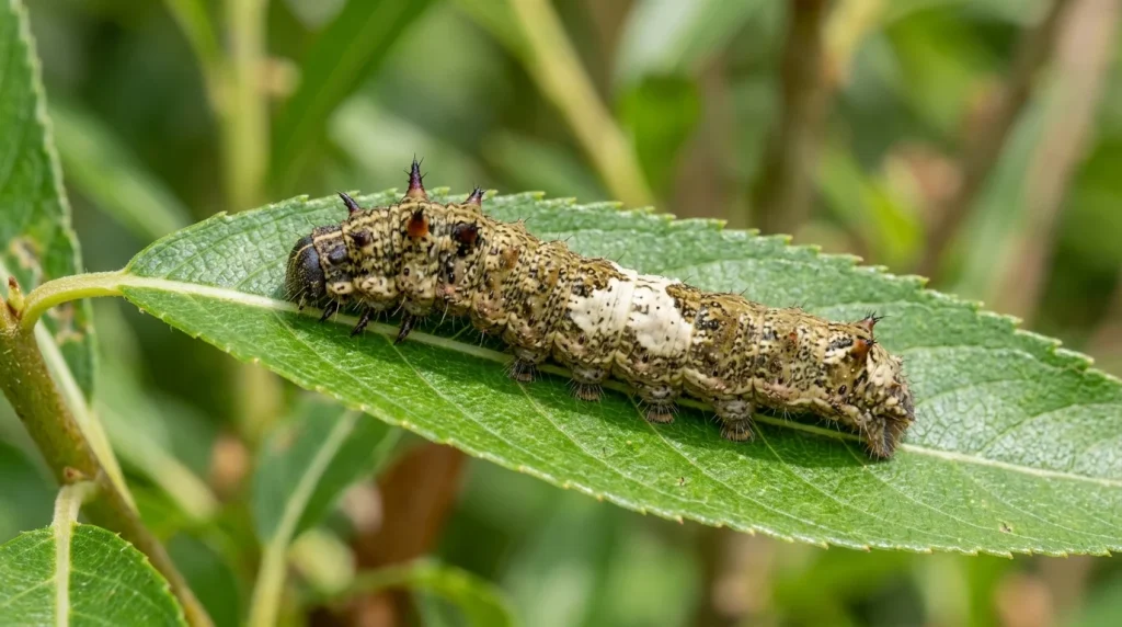 Detailed close-up of a Viceroy butterfly caterpillar showing its bird-dropping camouflage and dark spiky thoracic horns.