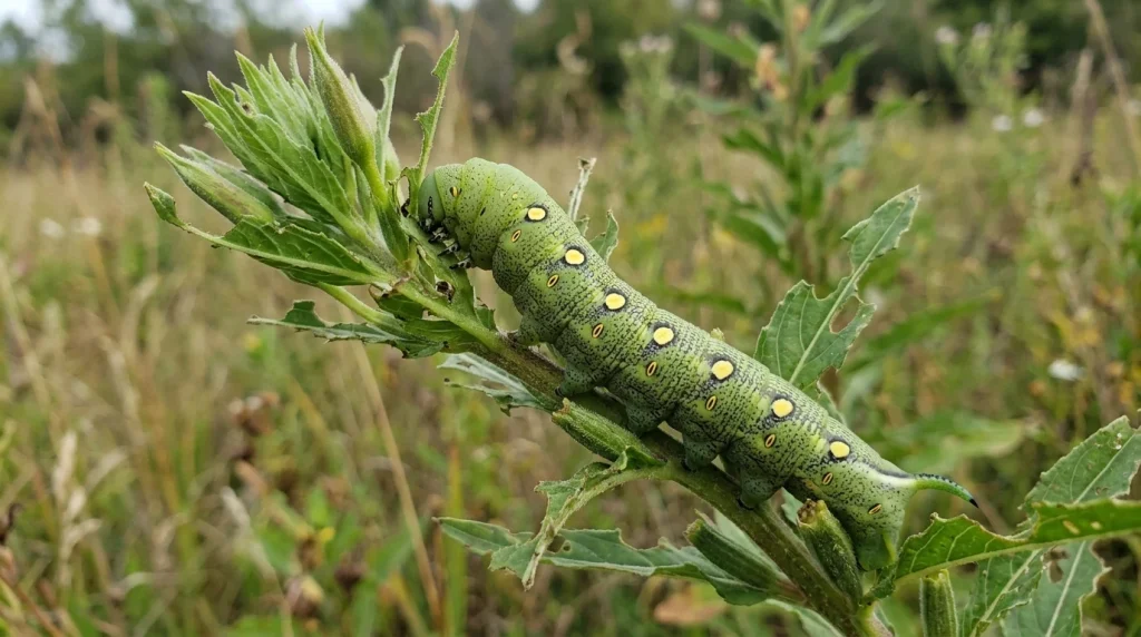 Green White-lined Sphinx caterpillar with side spots and a rear horn on evening primrose.