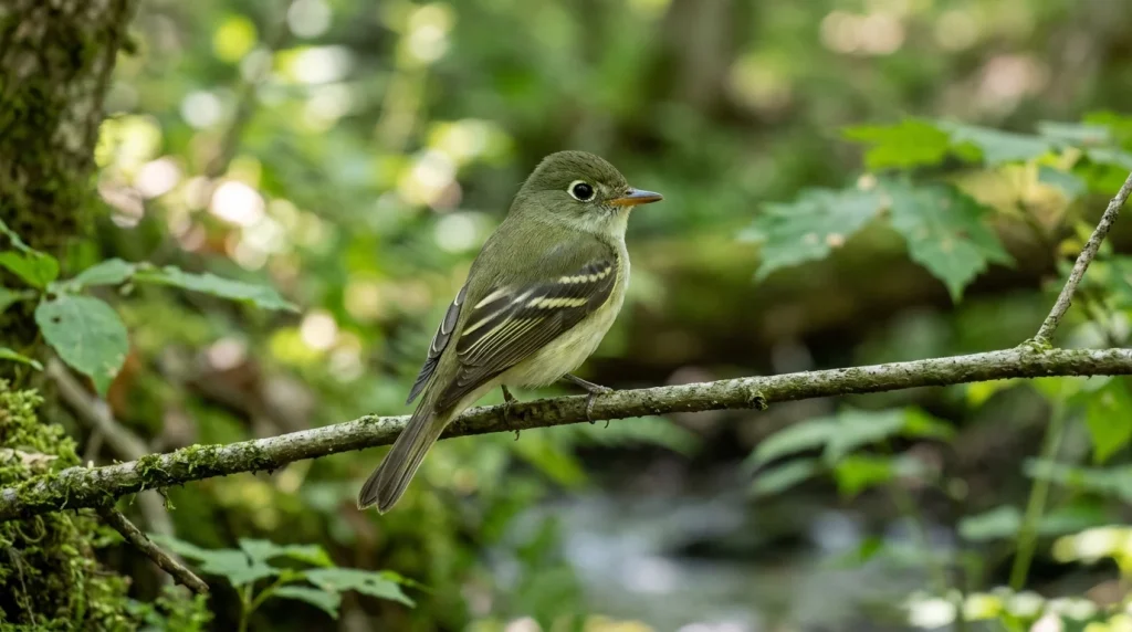 Acadian Flycatcher perched in a shaded eastern deciduous forest.