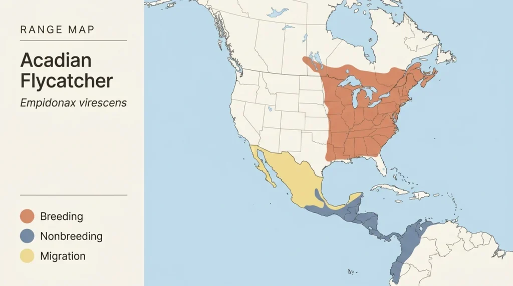 Seasonal range map of the Acadian Flycatcher in the Americas.