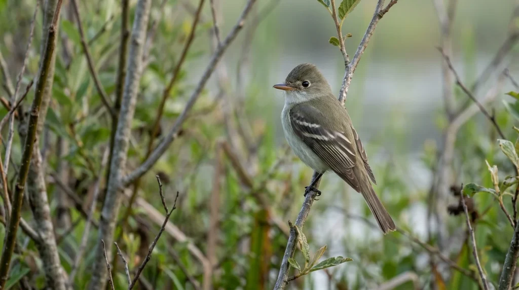 Alder Flycatcher perched on an alder twig in a wet northern thicket.