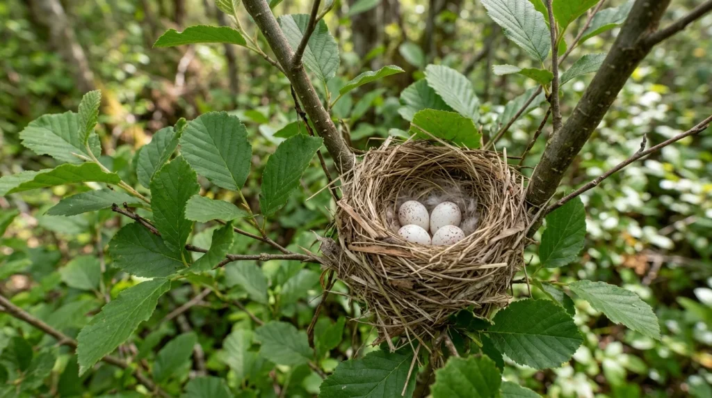 Cup nest of an Alder Flycatcher containing four lightly spotted eggs.