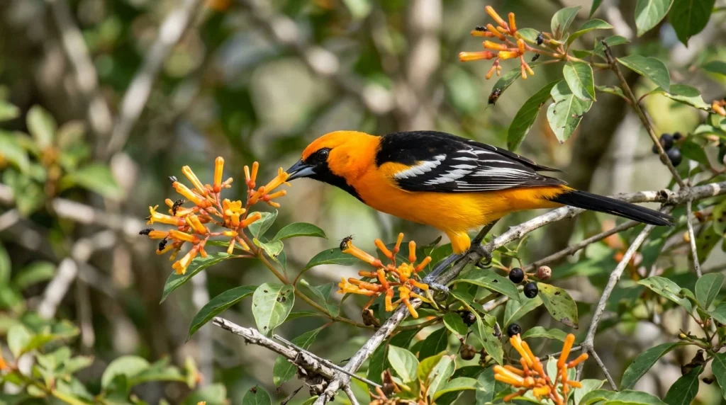 Altamira Oriole foraging among flowers, insects, and native fruit.