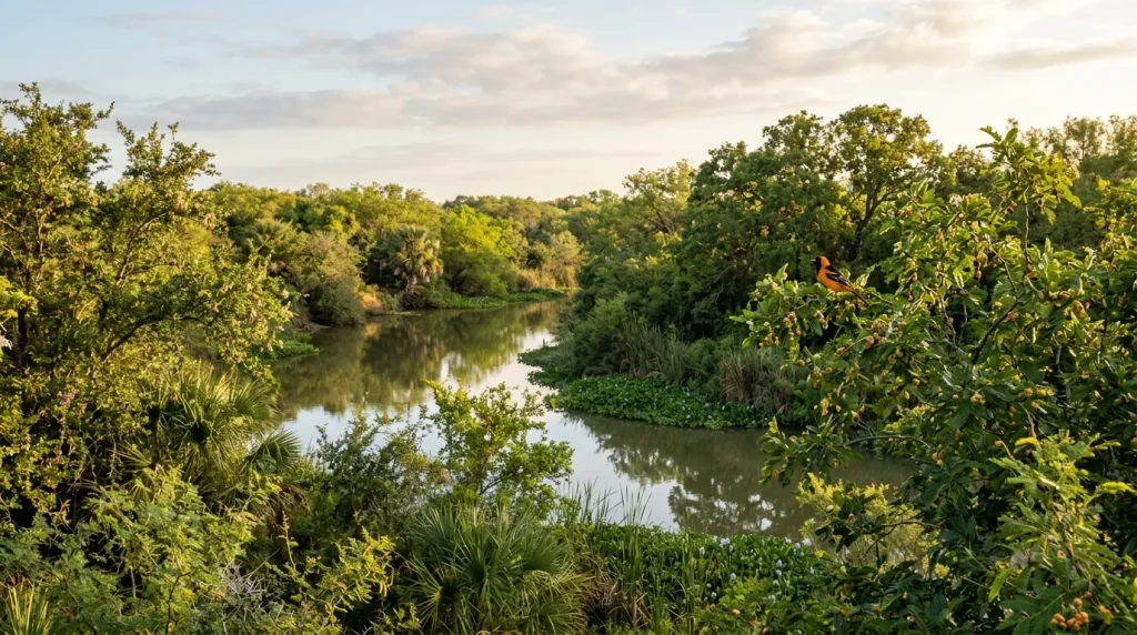 Thornscrub and riparian woodland habitat used by Altamira Orioles.