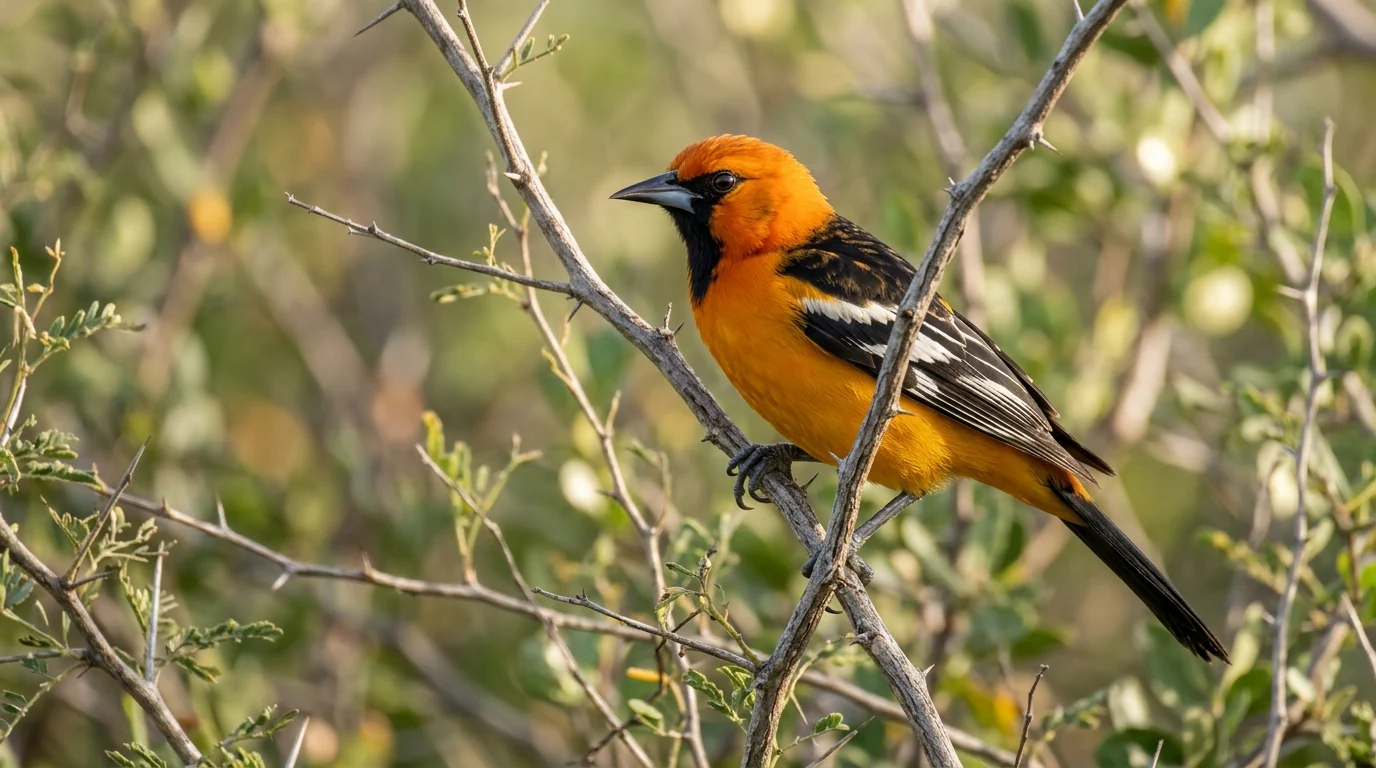 Adult Altamira Oriole perched in South Texas thornscrub.