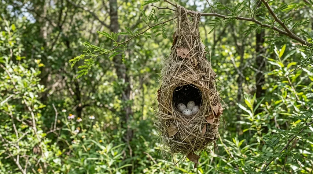 Long woven Altamira Oriole nest with pale marked eggs visible inside.