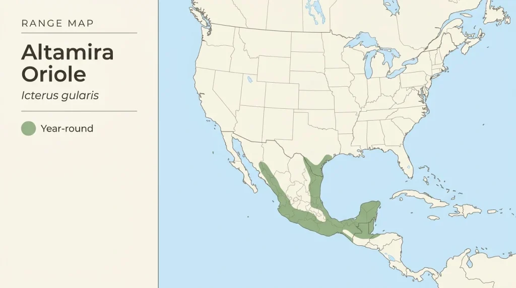 Map showing the resident range of the Altamira Oriole from southern Texas through Mexico into northern Central America.