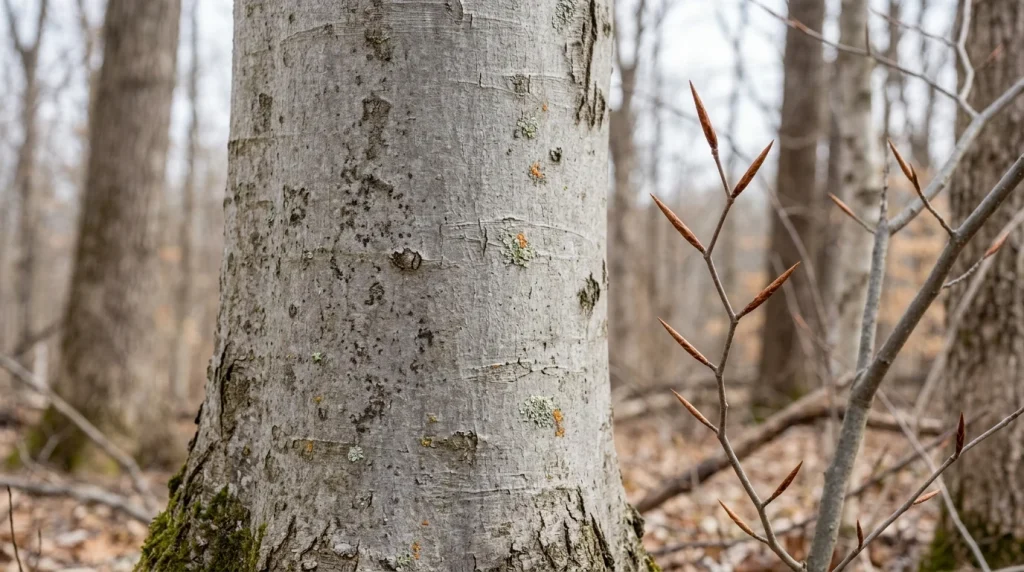 Smooth gray American beech bark beside a twig bearing long pointed brown buds.