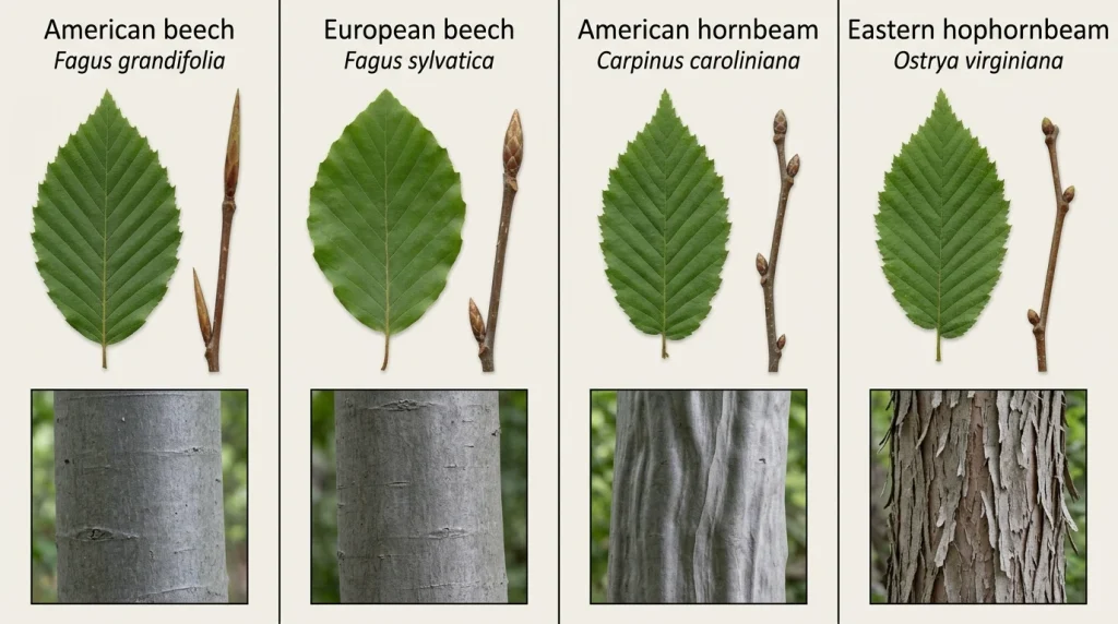 Comparison of American beech, European beech, American hornbeam, and eastern hophornbeam leaves, buds, and bark.