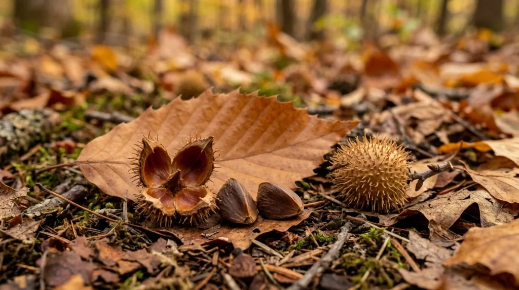 An open prickly American beech husk with triangular brown beechnuts on fallen leaves.