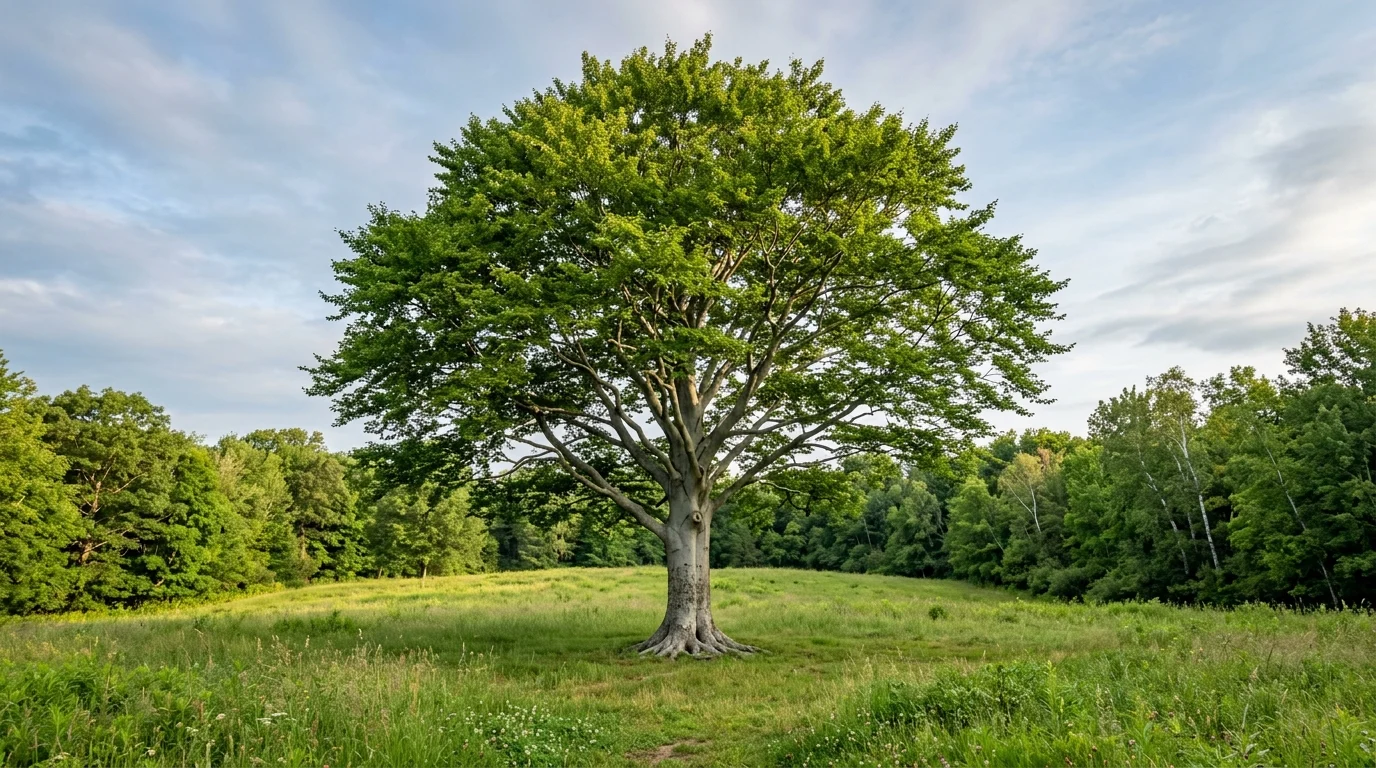 Mature American beech with a broad green crown and smooth gray trunk in an open clearing.