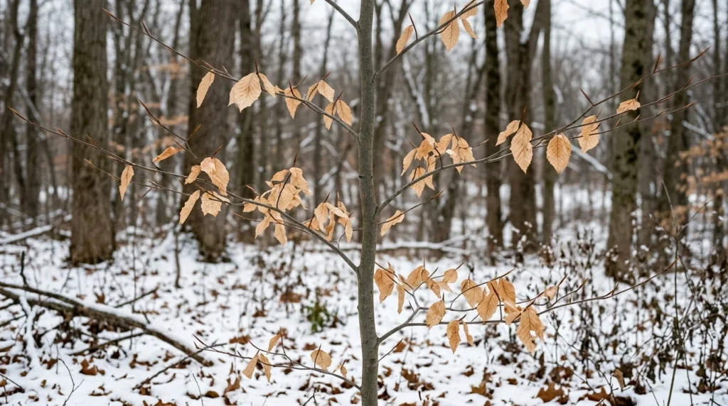 Young American beech retaining pale tan leaves in a snowy winter woodland.