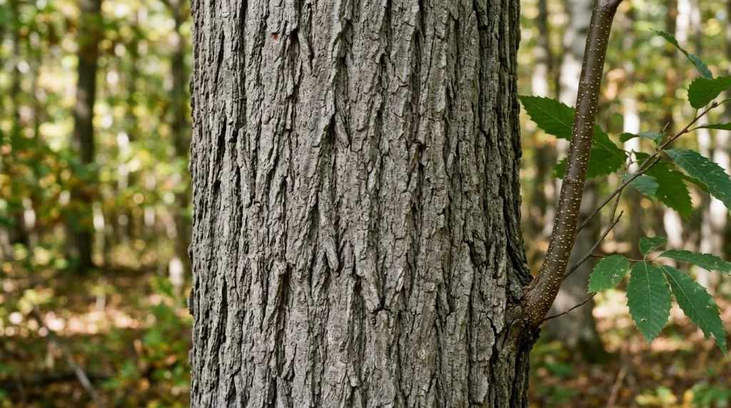 Gray-brown American chestnut bark with long ridges and furrows.