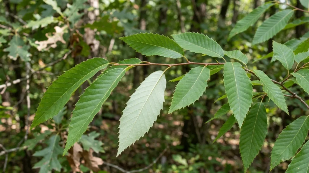 American chestnut leaves showing sharp marginal teeth, prominent side veins, and a pale underside.