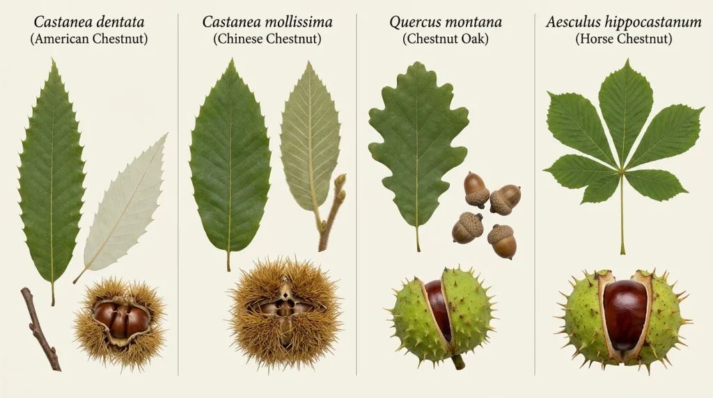 Comparison of American chestnut, Chinese chestnut, chestnut oak, and horse chestnut leaves and fruits.