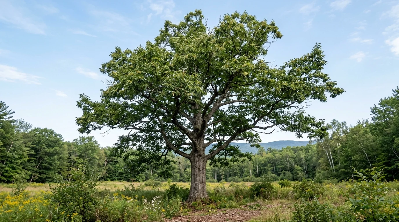 Mature American chestnut with a broad green crown standing in an open clearing.