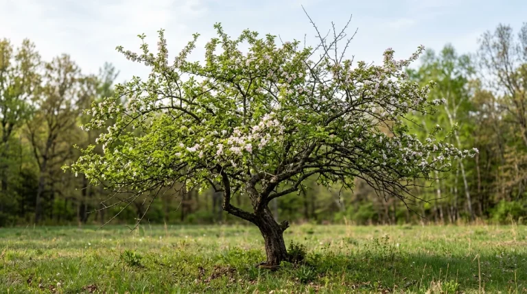 American crabapple in spring bloom with its full spreading crown visible in an open clearing.
