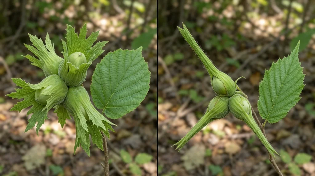 American hazelnut’s broad leafy husks compared with beaked hazelnut’s long tubular husks.