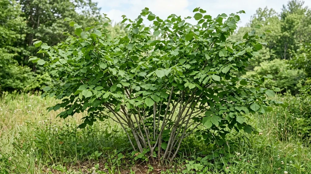 Mature American hazelnut shrub with multiple stems at a sunny woodland edge.