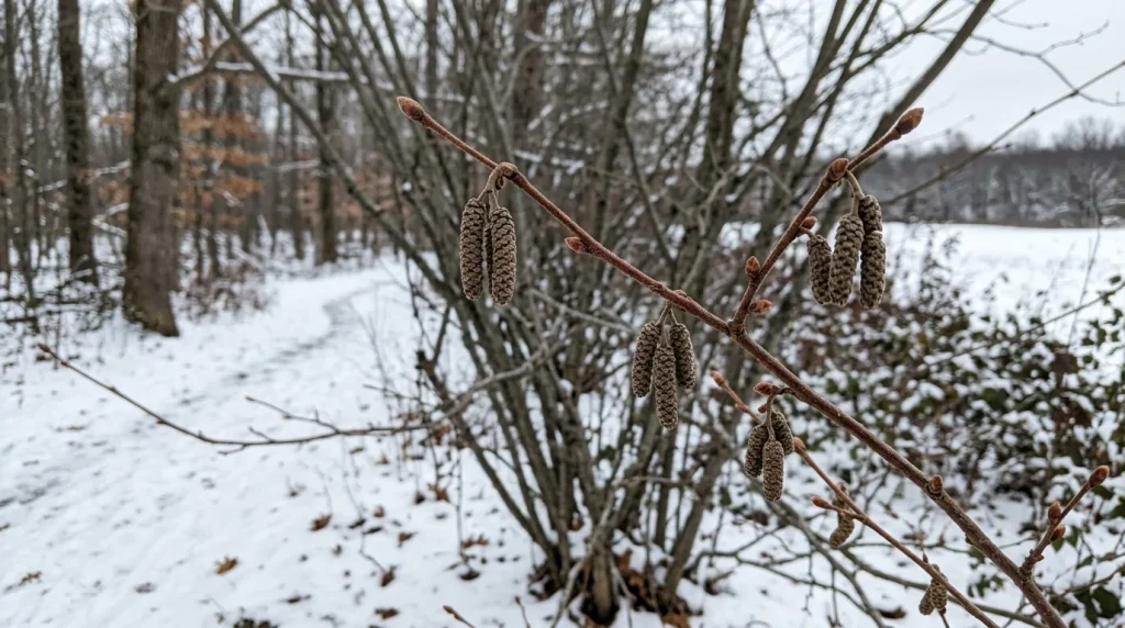 Leafless American hazelnut in winter with hanging immature catkins and blunt buds.