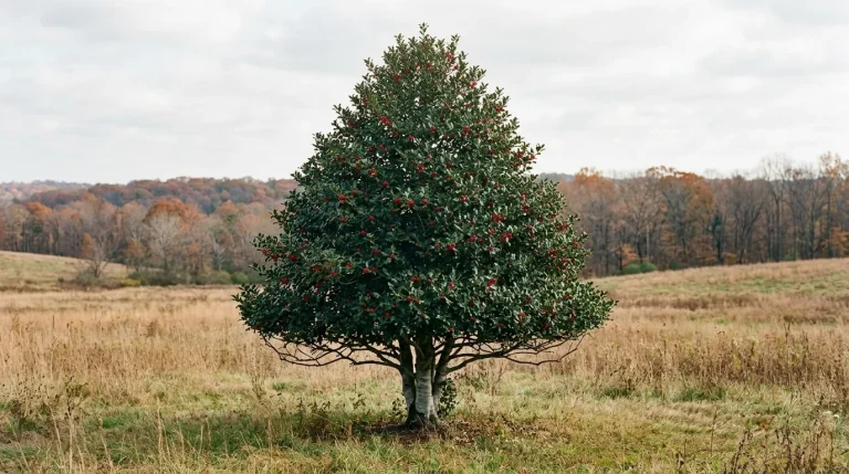 Mature American holly with a dense evergreen crown standing unobstructed in an open clearing.