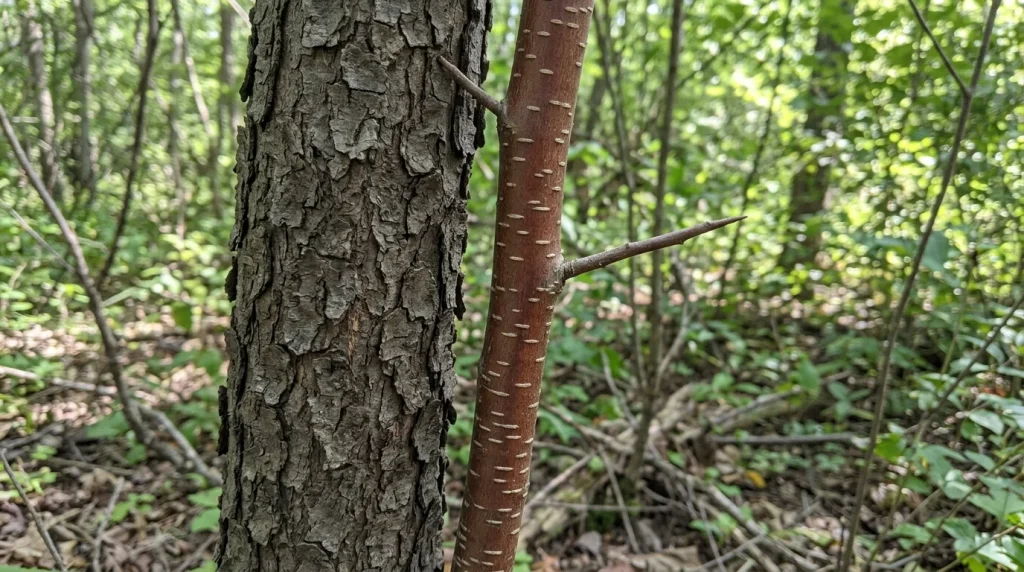 Scaly mature American plum bark beside a smoother young stem with pale lenticels.