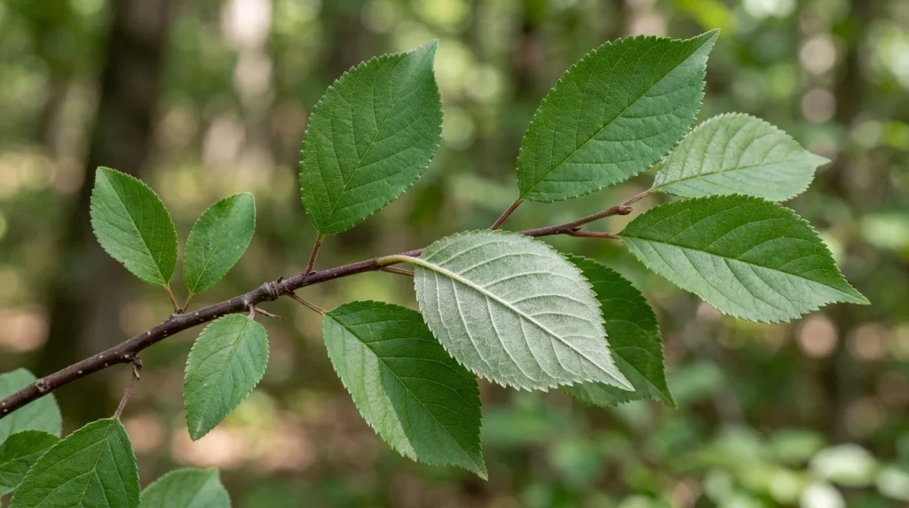 American plum twig showing alternate broad leaves with sharply toothed margins.