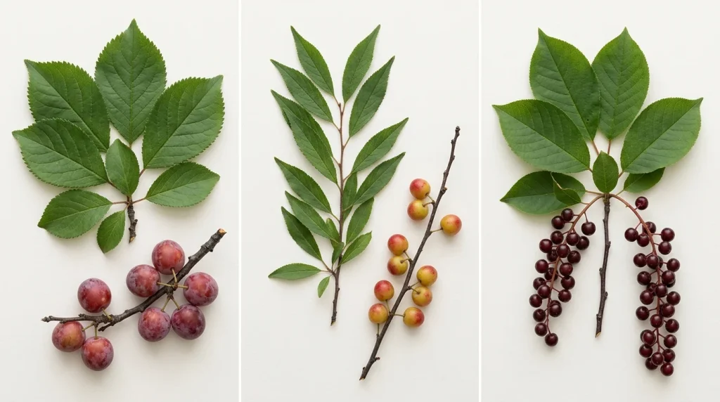 Comparison of American plum, narrow-leaved Chickasaw plum, and chokecherry with elongated fruit clusters.