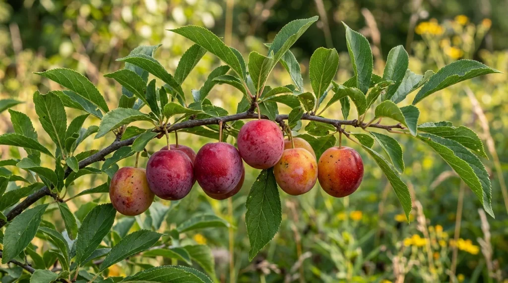 Yellow-red and ripe red American plums hanging beside toothed green leaves.
