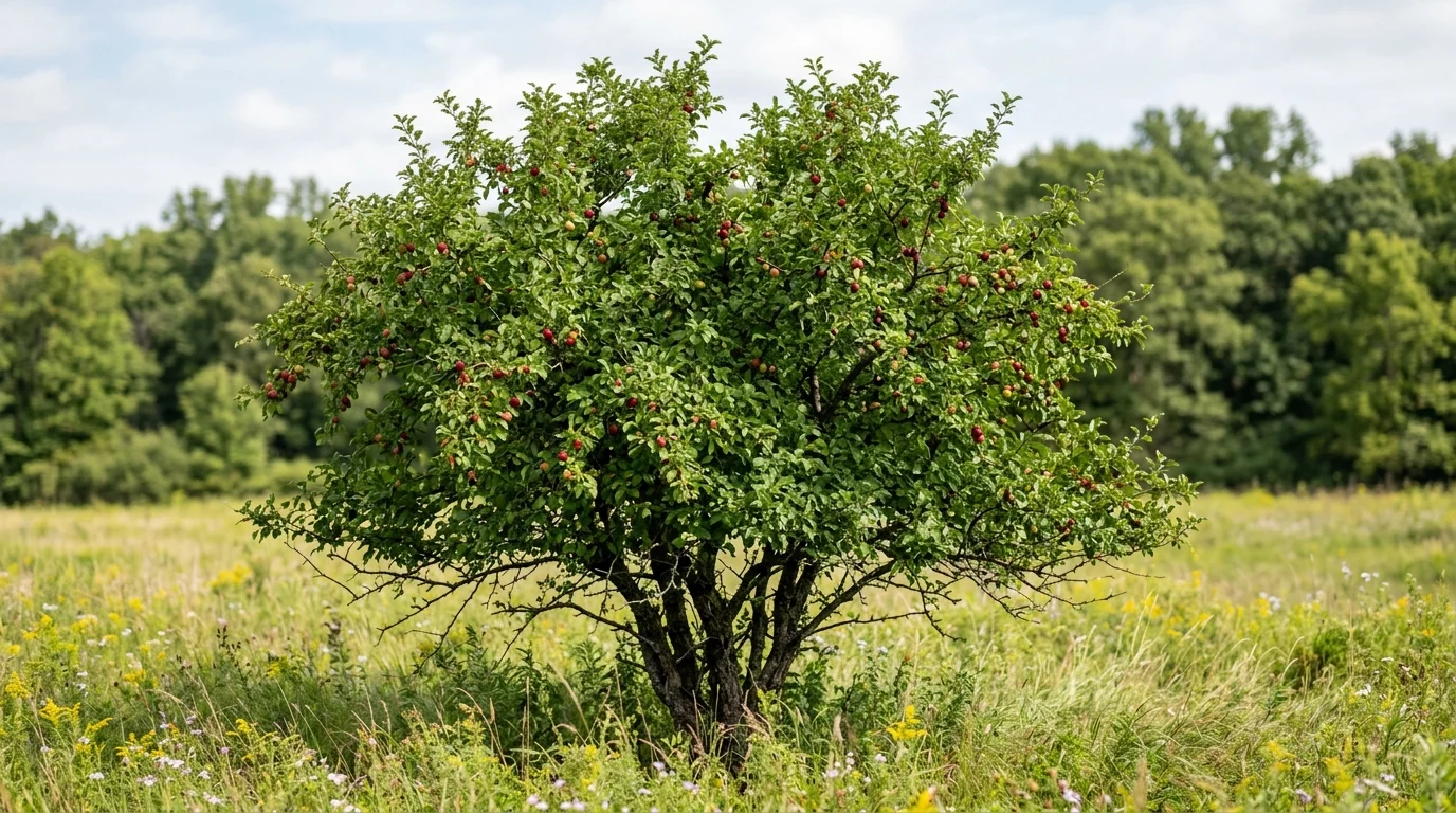 Mature American plum with a broad spreading crown in an open grassy clearing.