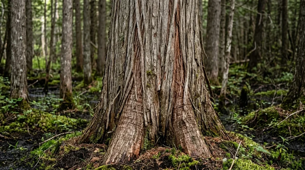 Fibrous Atlantic white-cedar bark with narrow ridges and vertical furrows.