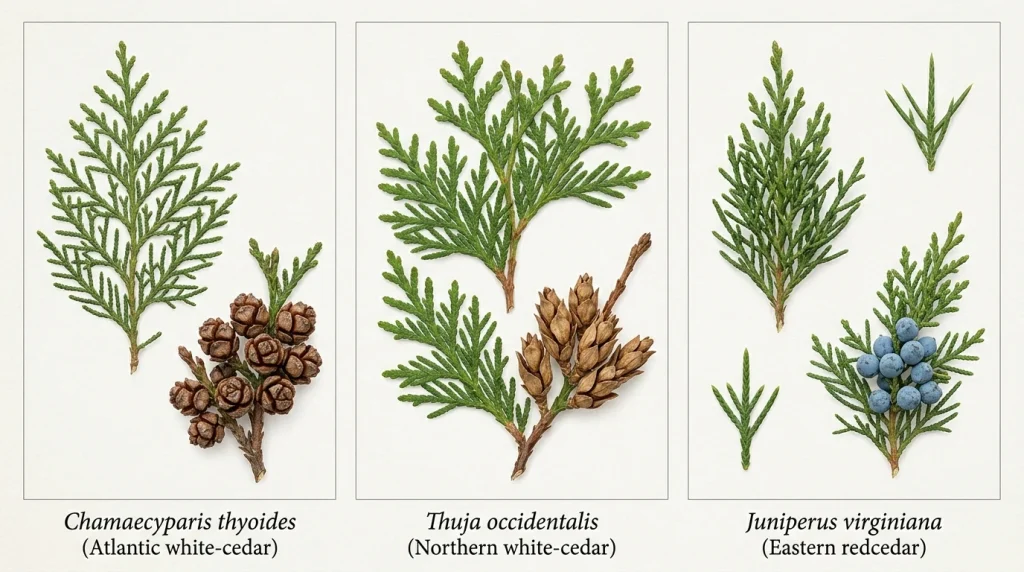 Comparison of Atlantic white-cedar, northern white-cedar, and eastern redcedar foliage and cones.